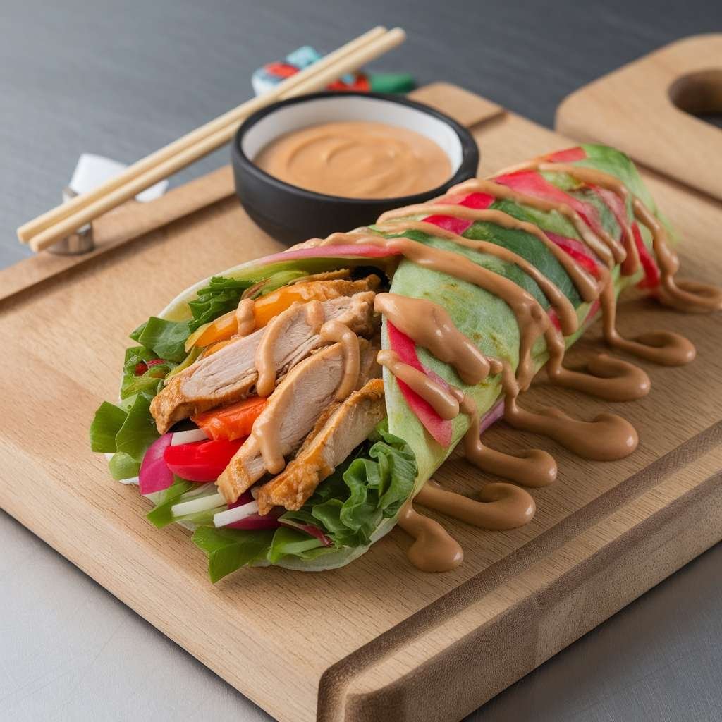 Asian chicken wrap with peanut sauce on a wooden board.