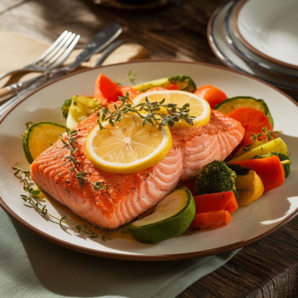 A plate of baked salmon with lemon slices and assorted roasted vegetables.
