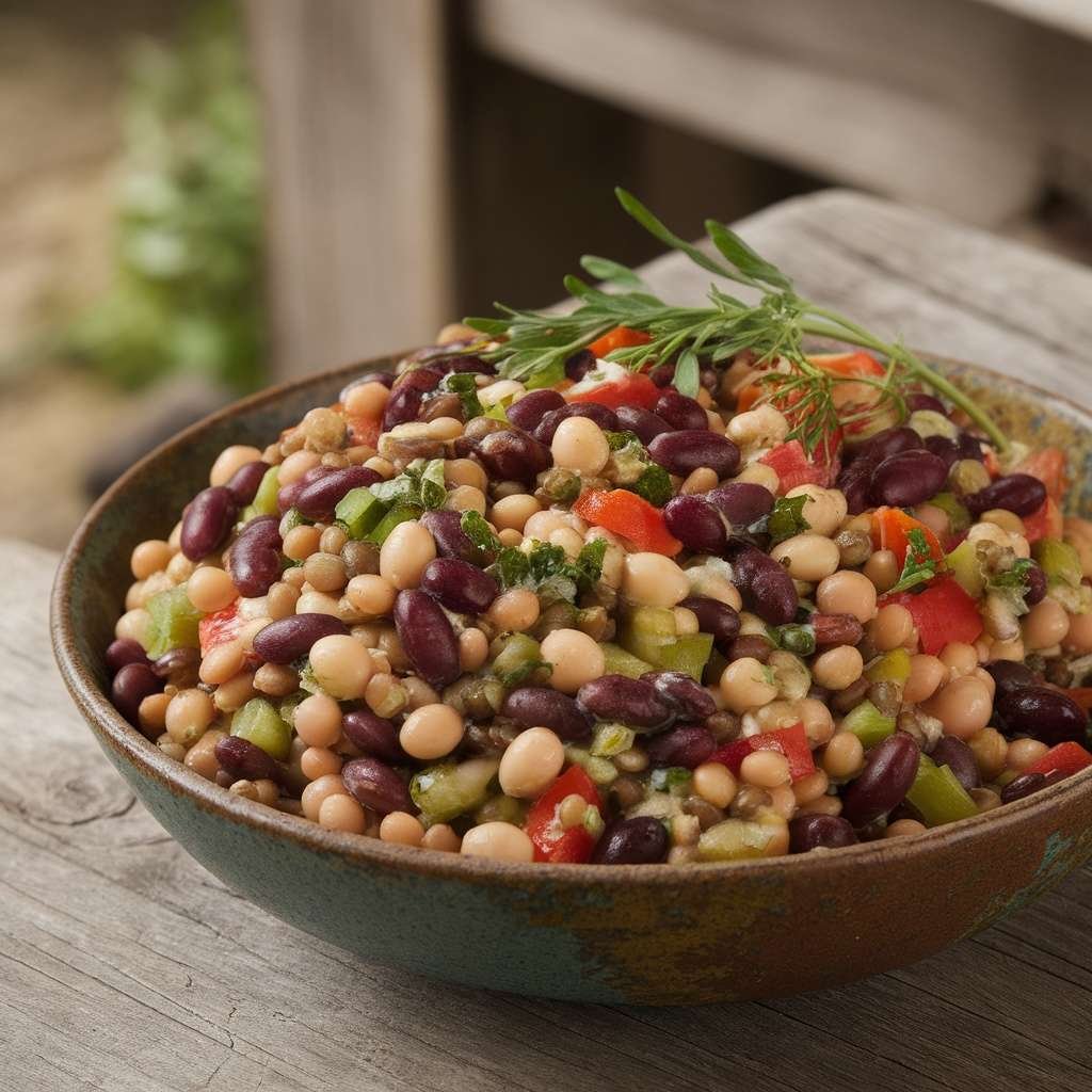 A colorful bowl of bean and lentil salad with chopped vegetables.