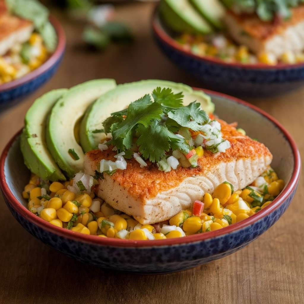 A bowl of blackened fish with corn salsa and avocado slices.