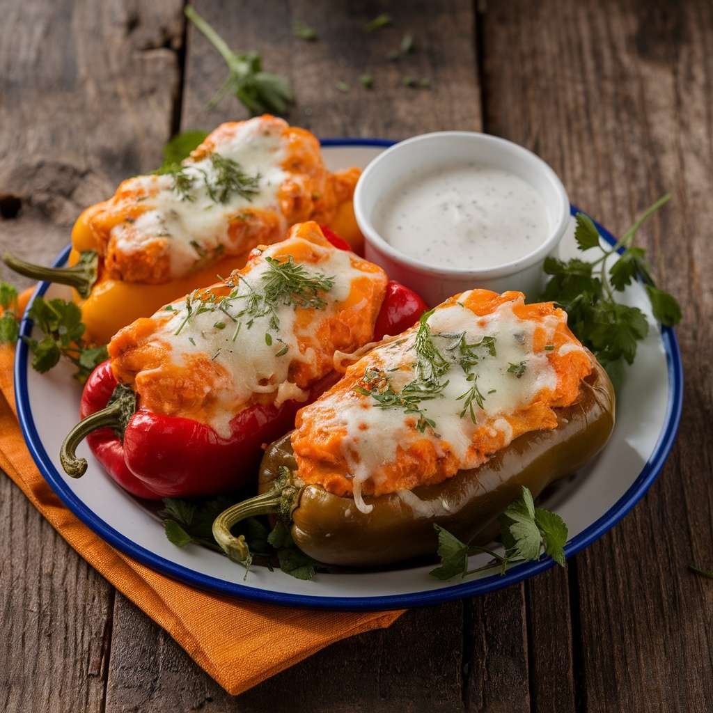 Buffalo Chicken Stuffed Peppers on a plate with ranch dressing
