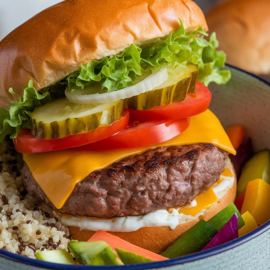 A delicious burger bowl with a beef patty, cheese, and fresh toppings.