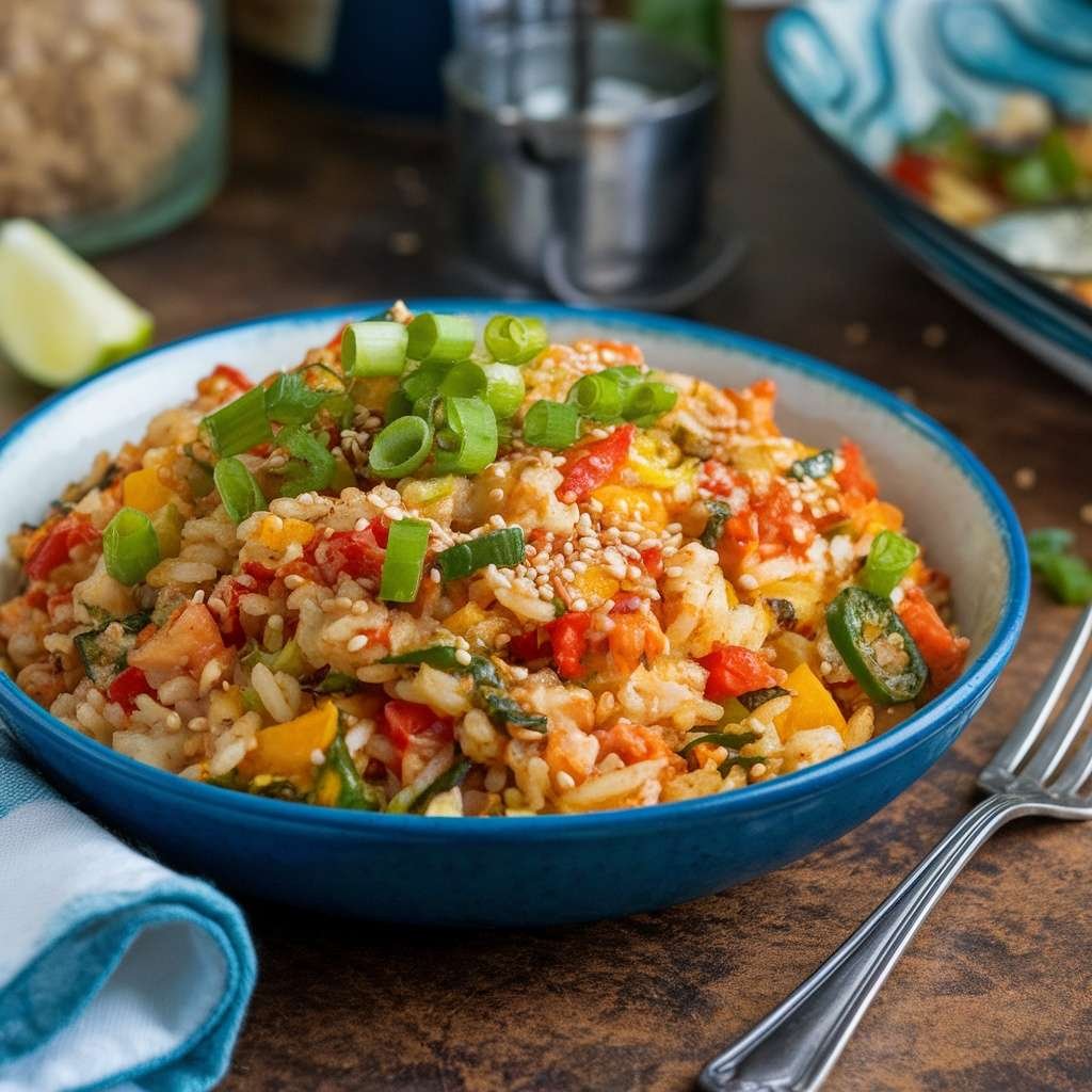 A bowl of cauliflower fried rice topped with green onions and sesame seeds.