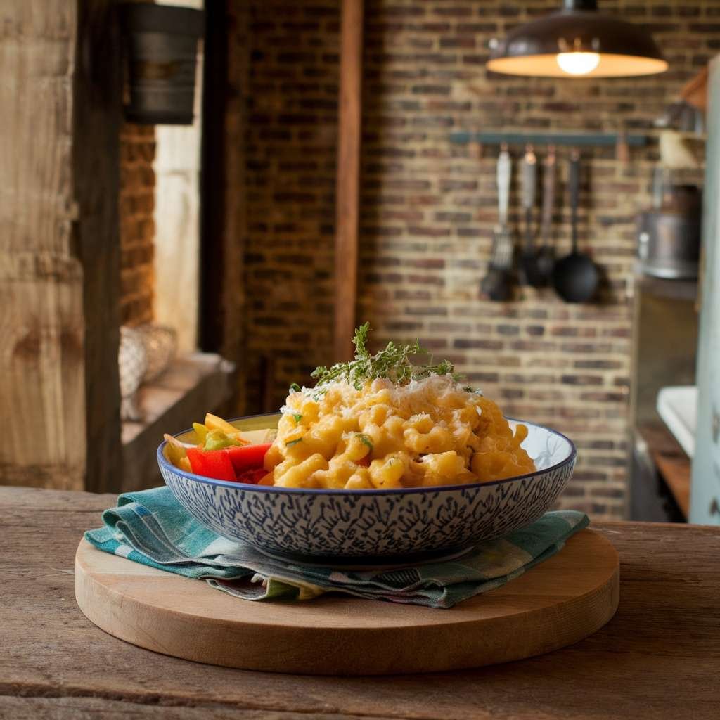Bowl of creamy cauliflower mac and cheese with fresh toppings