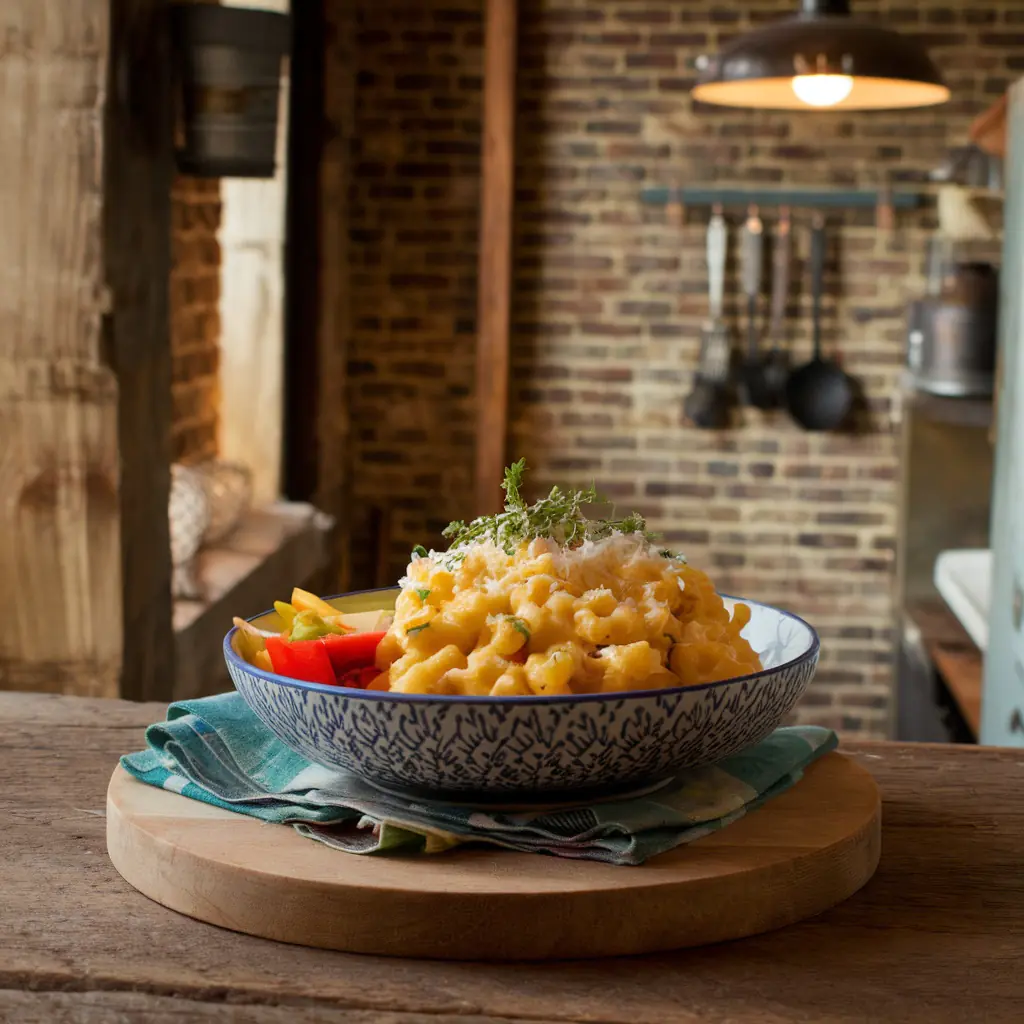 Bowl of creamy cauliflower mac and cheese with fresh toppings