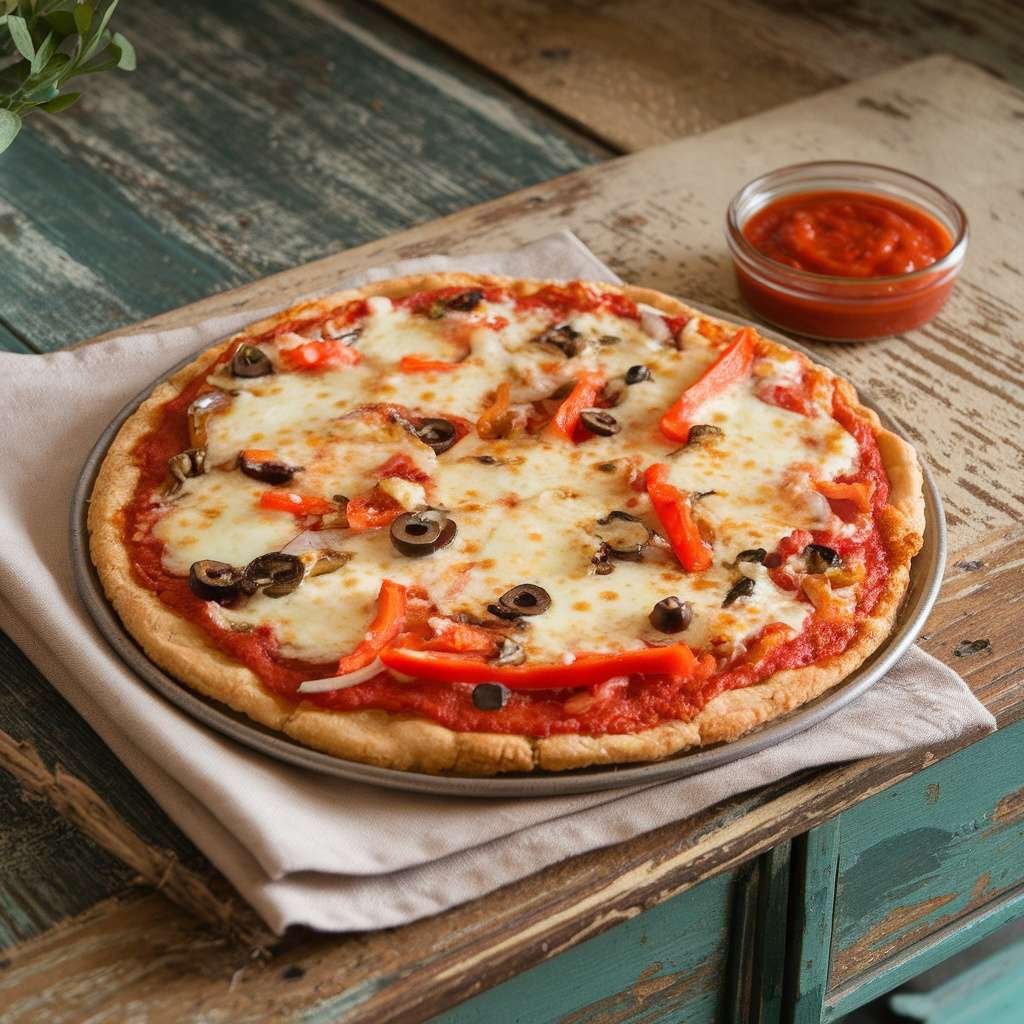 A freshly baked cauliflower pizza crust topped with cheese, peppers, and olives.