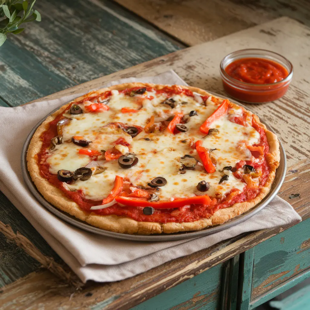 A freshly baked cauliflower pizza crust topped with cheese, peppers, and olives.