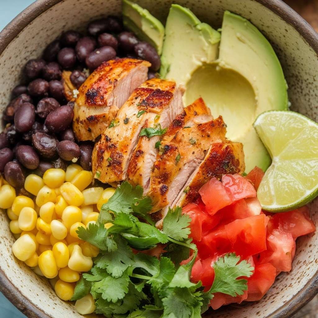 A delicious chicken burrito bowl featuring sliced grilled chicken, black beans, corn, diced tomatoes, avocado slices, and fresh cilantro.