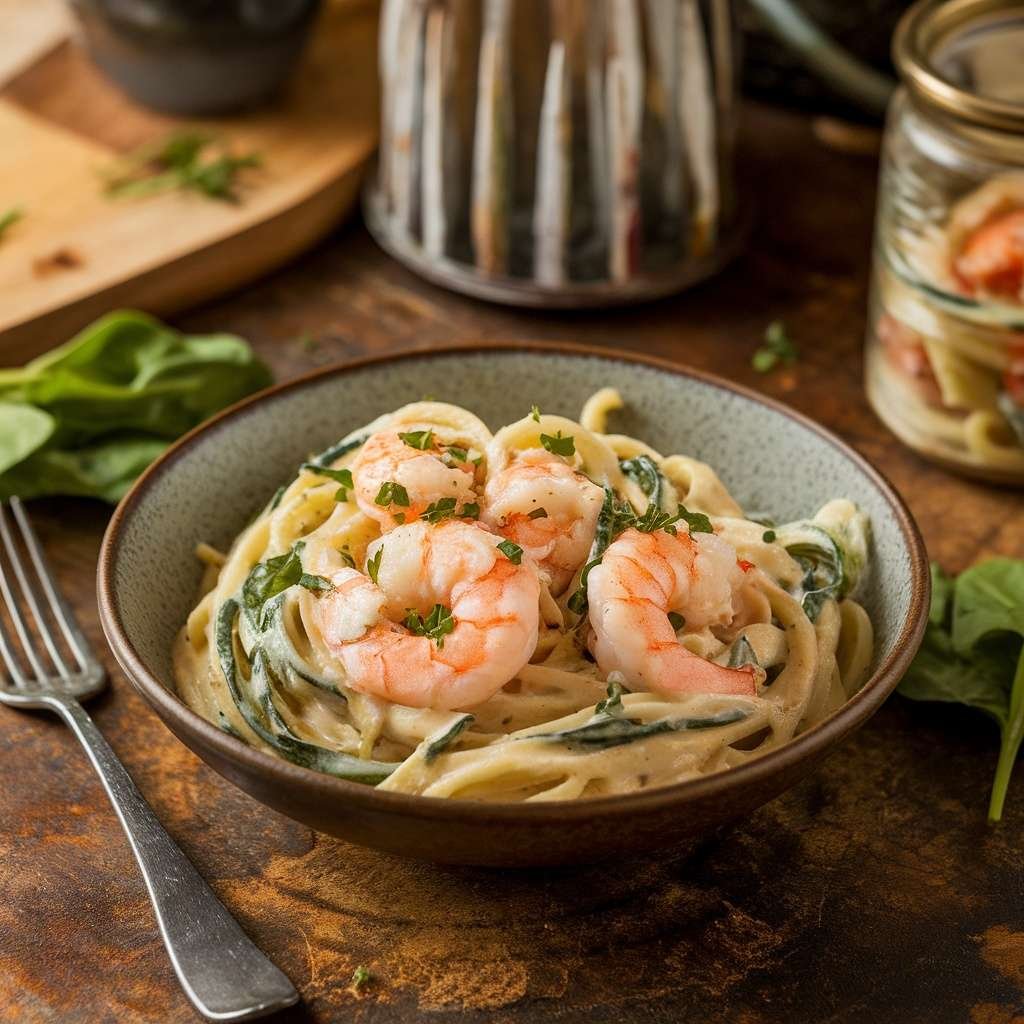 A bowl of creamy shrimp and spinach alfredo with zoodles