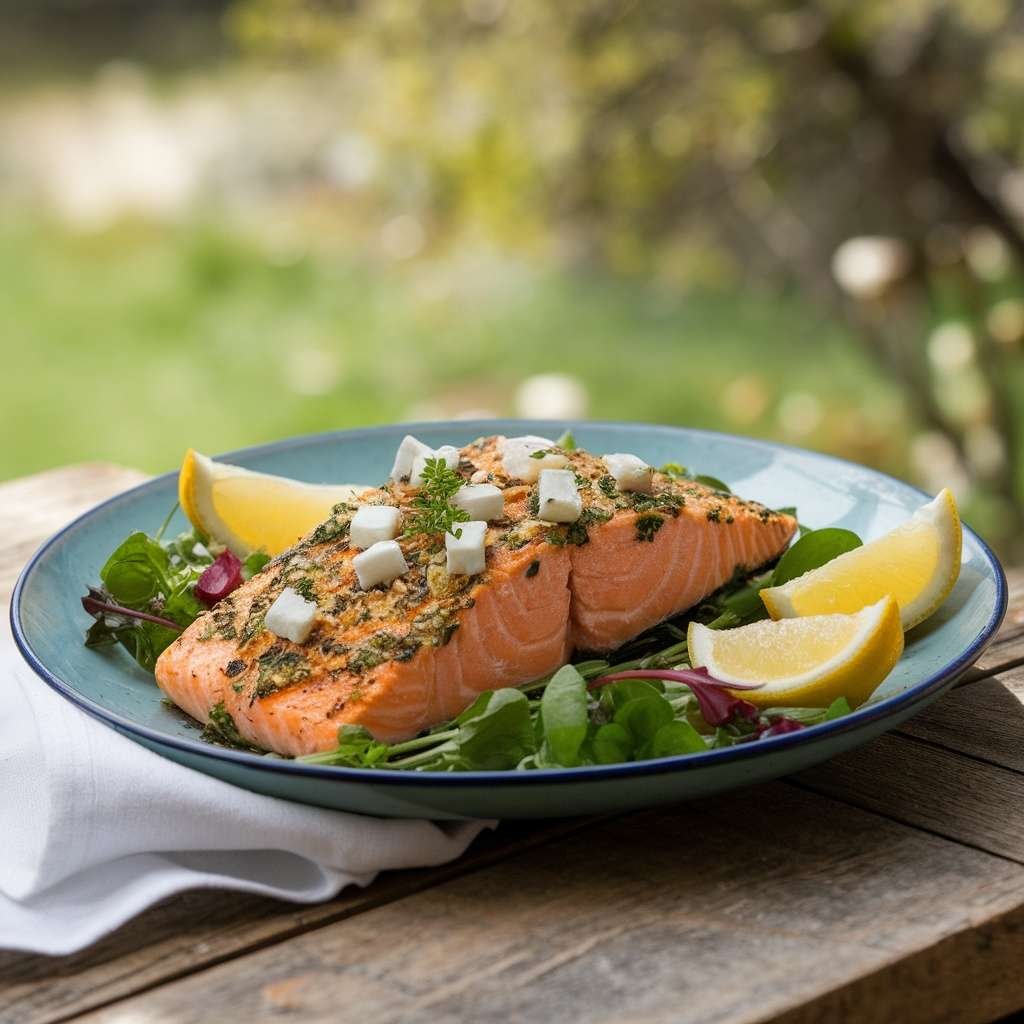 Feta & Herb-Crusted Salmon served with lemon and greens