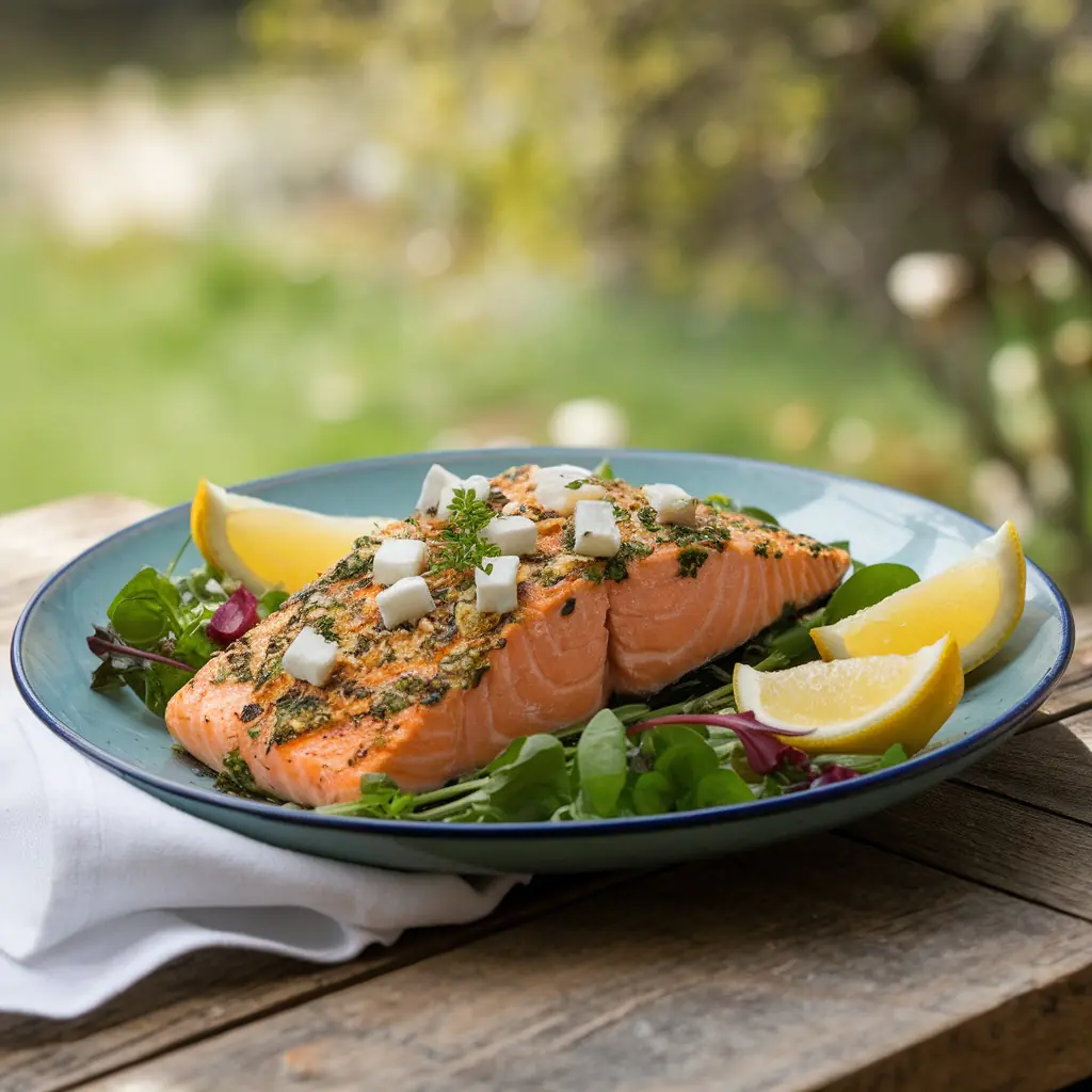 Feta & Herb-Crusted Salmon served with lemon and greens