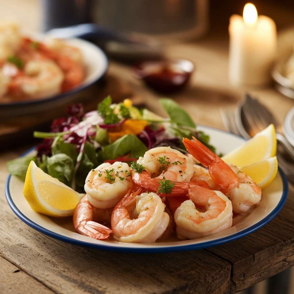 A plate of garlic butter shrimp accompanied by a fresh salad, garnished with lemon wedges.