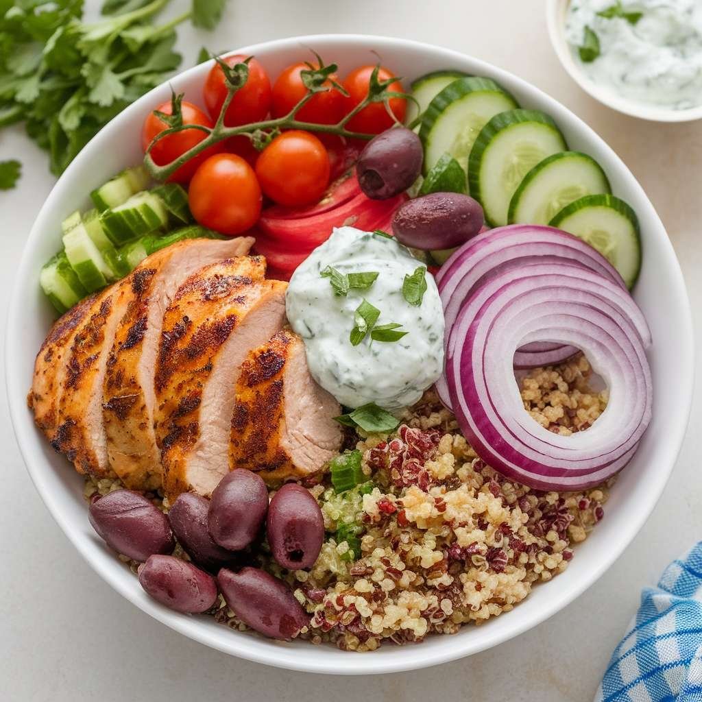 A vibrant Greek chicken bowl filled with quinoa, grilled chicken, cucumbers, tomatoes, red onion, olives, and tzatziki sauce.