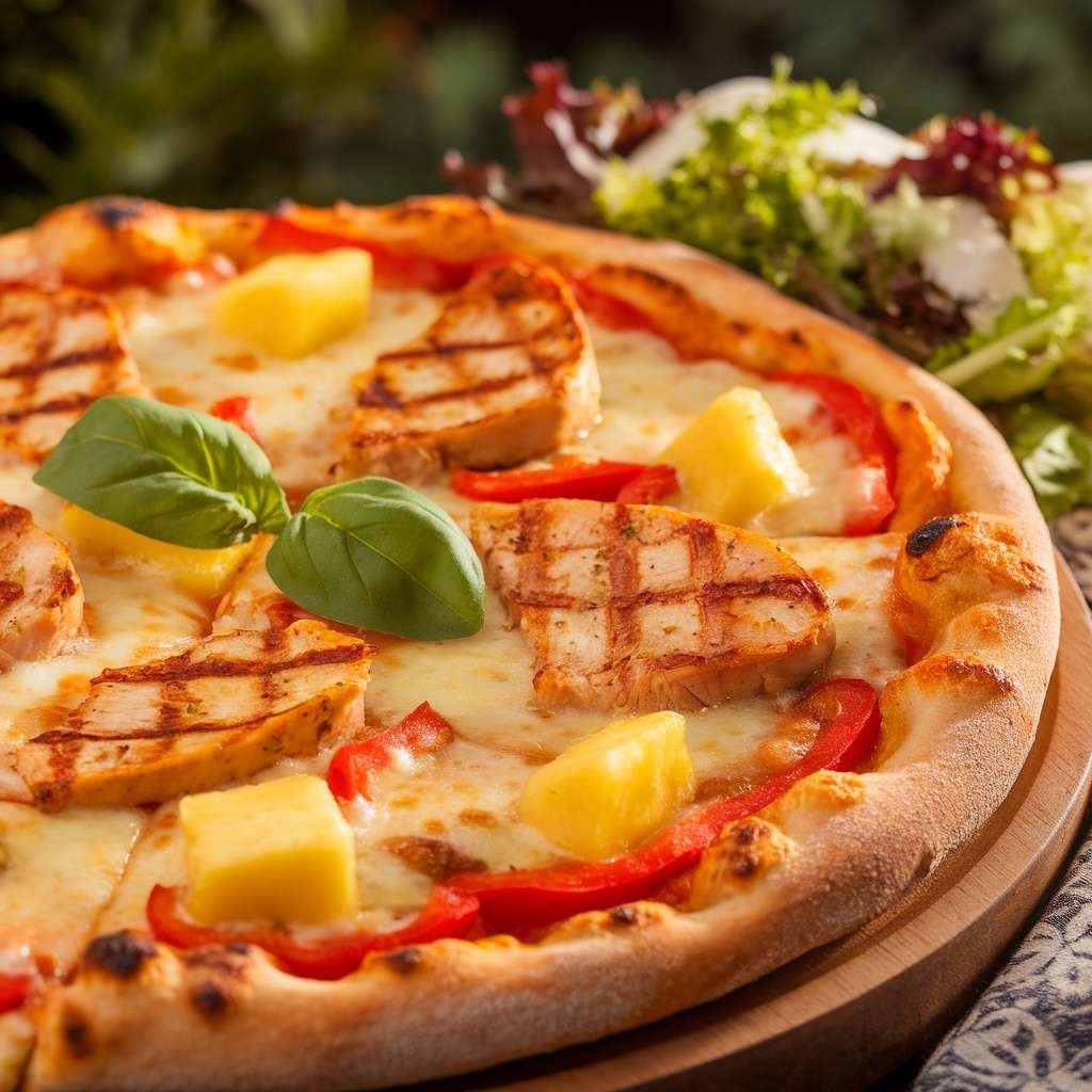 A delicious Hawaiian Pizza Chicken with grilled chicken, pineapple, and bell peppers.
