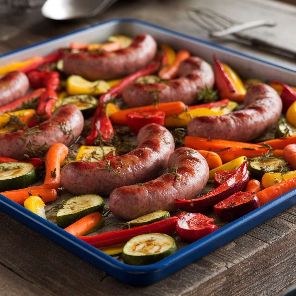 A colorful assortment of sausages and vegetables beautifully arranged on a sheet pan.