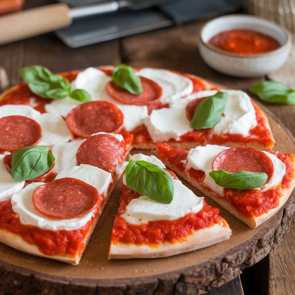 Delicious keto pizza topped with mozzarella, pepperoni, and basil, on a wooden board.