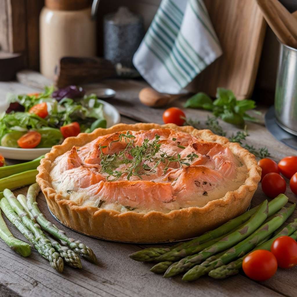 A delicious keto salmon pie served with fresh vegetables and salad.