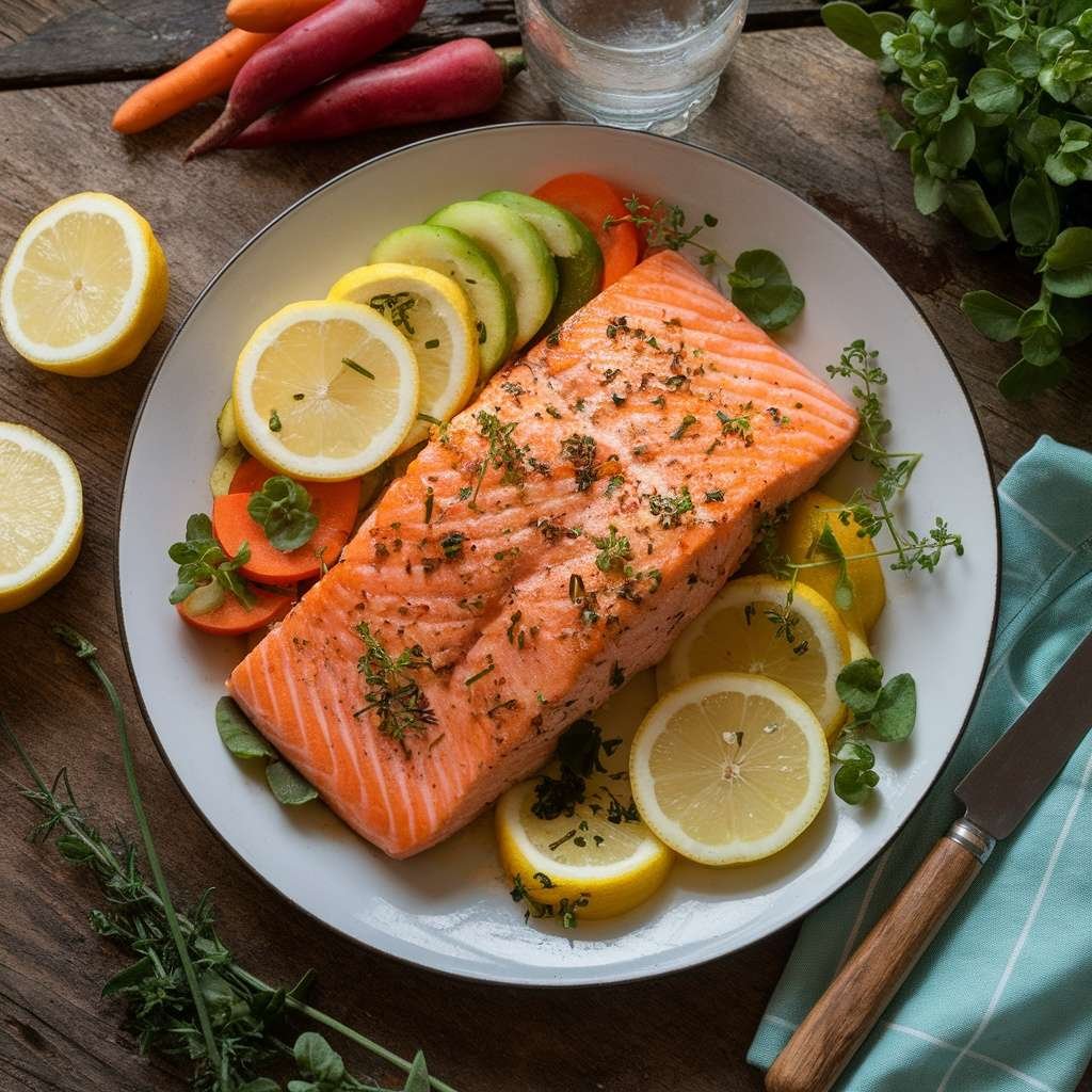 A beautifully cooked lemon garlic salmon served on a plate with fresh vegetables and lemon slices.