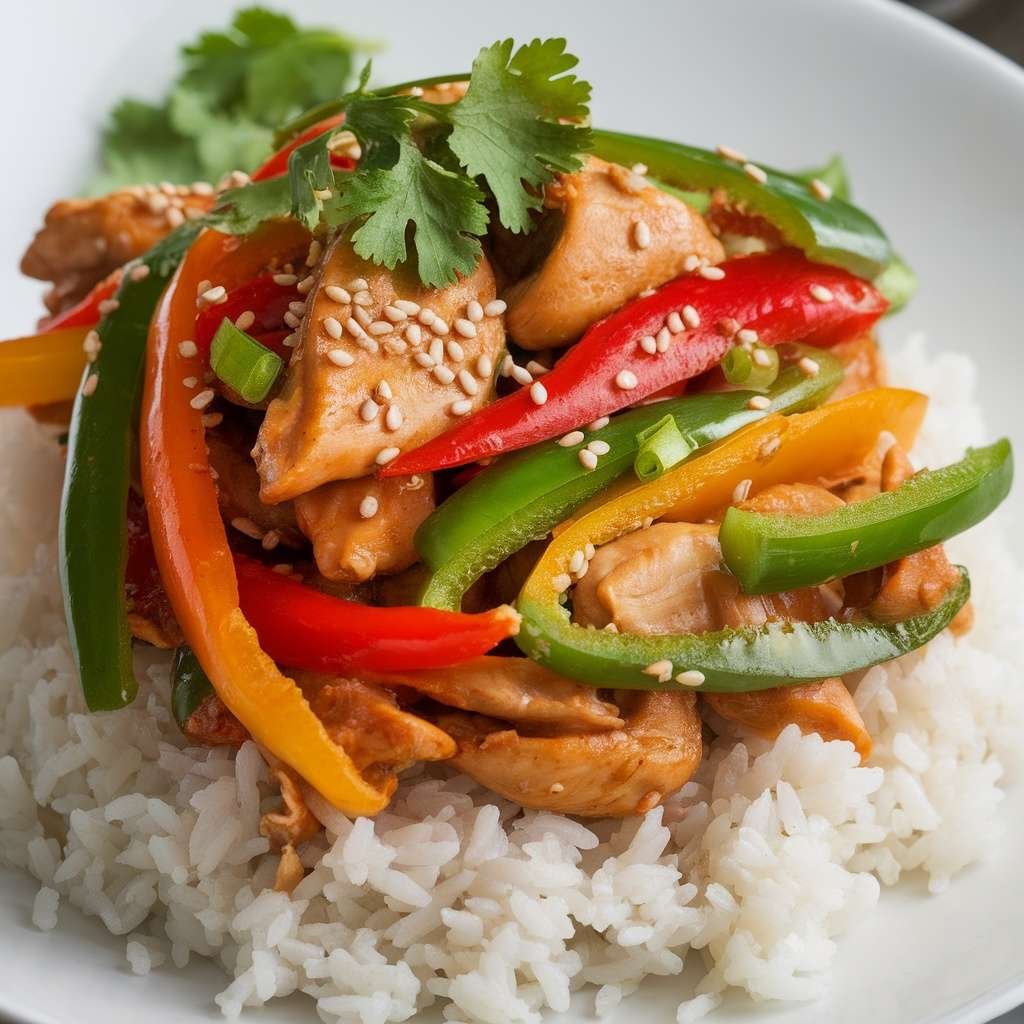 Mongolian Chicken with colorful bell peppers served over rice