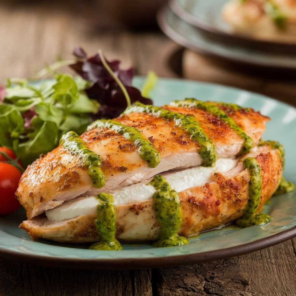 Mozzarella stuffed chicken breast drizzled with pesto sauce on a plate