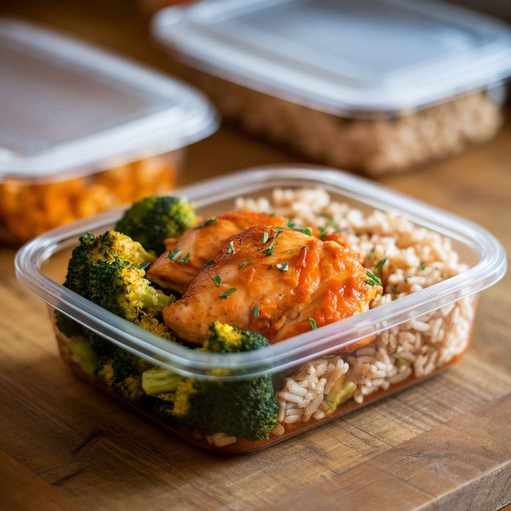 Meal prep container with orange chicken, rice, and broccoli.