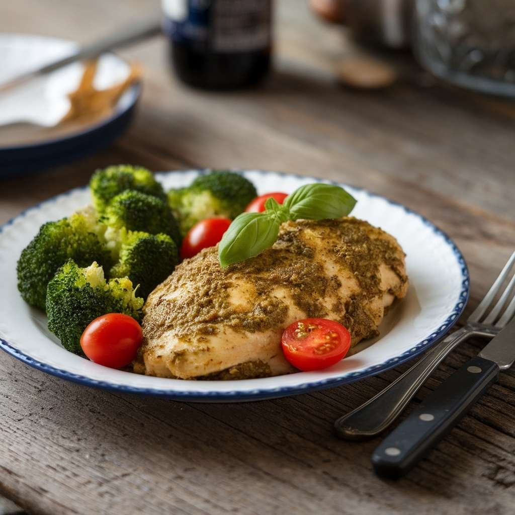 A plate of pesto chicken served with cherry tomatoes and broccoli.