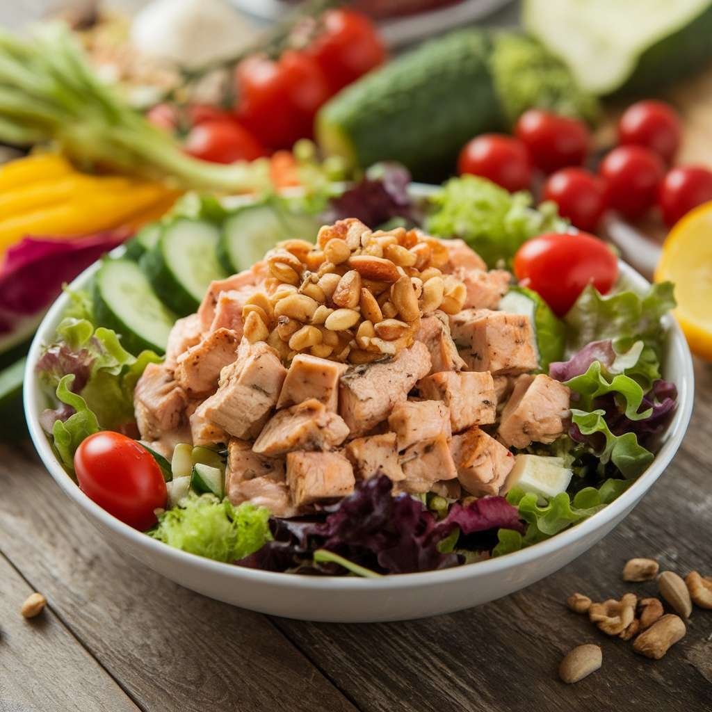 A delicious bowl of protein-packed chicken salad with diced chicken, salad greens, and cherry tomatoes.