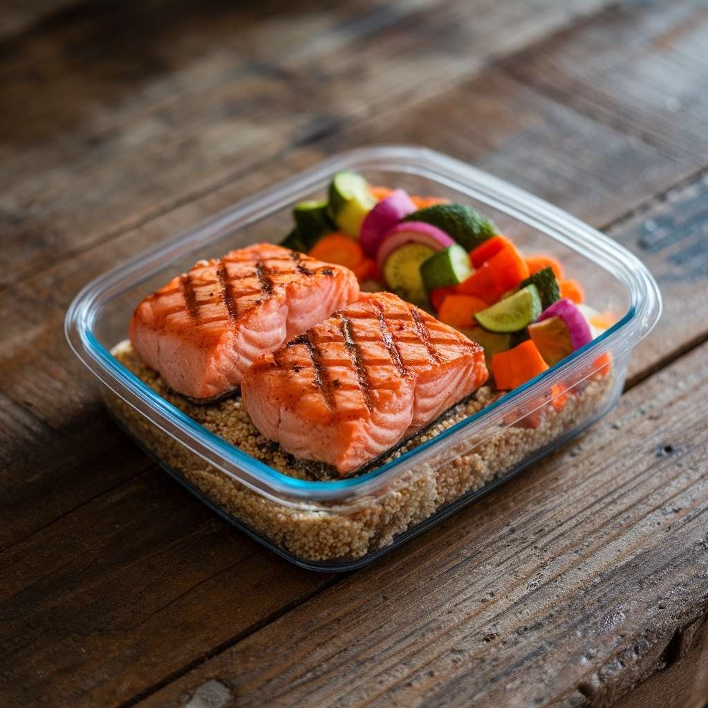 Salmon meal prep with quinoa and mixed vegetables