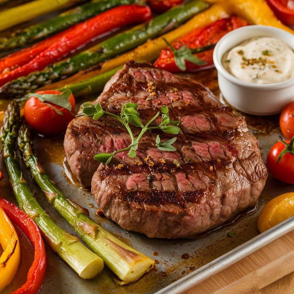 A delicious sheet-pan dinner featuring steak and colorful roasted vegetables.