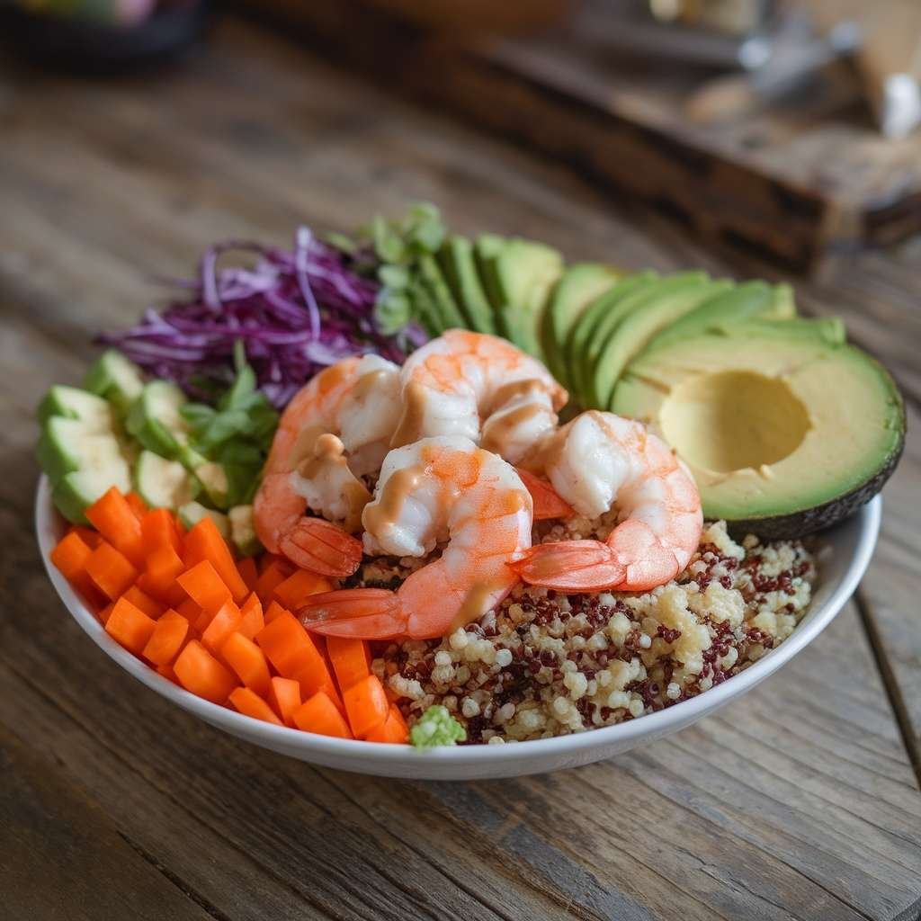 A colorful shrimp Buddha bowl with quinoa and fresh vegetables.