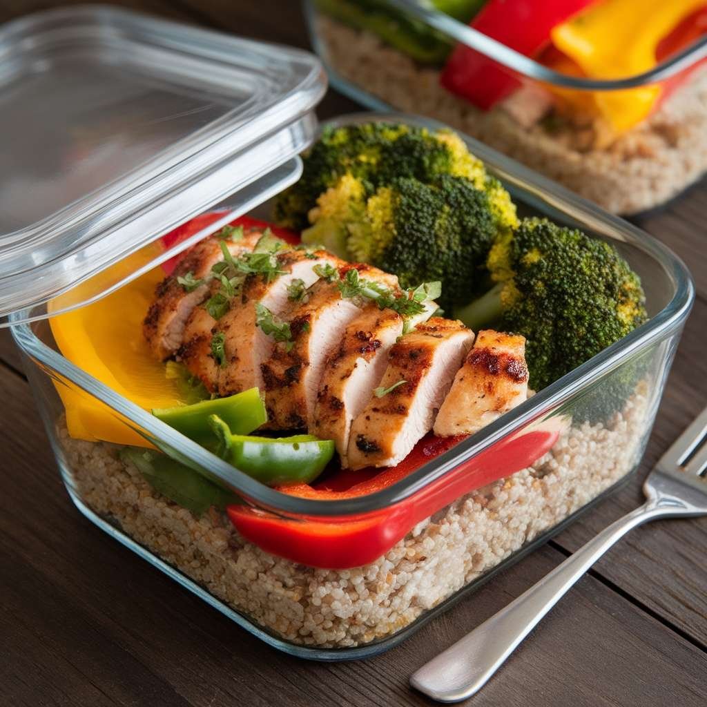 A colorful meal prep bowl with sliced chicken, quinoa, and vibrant vegetables.