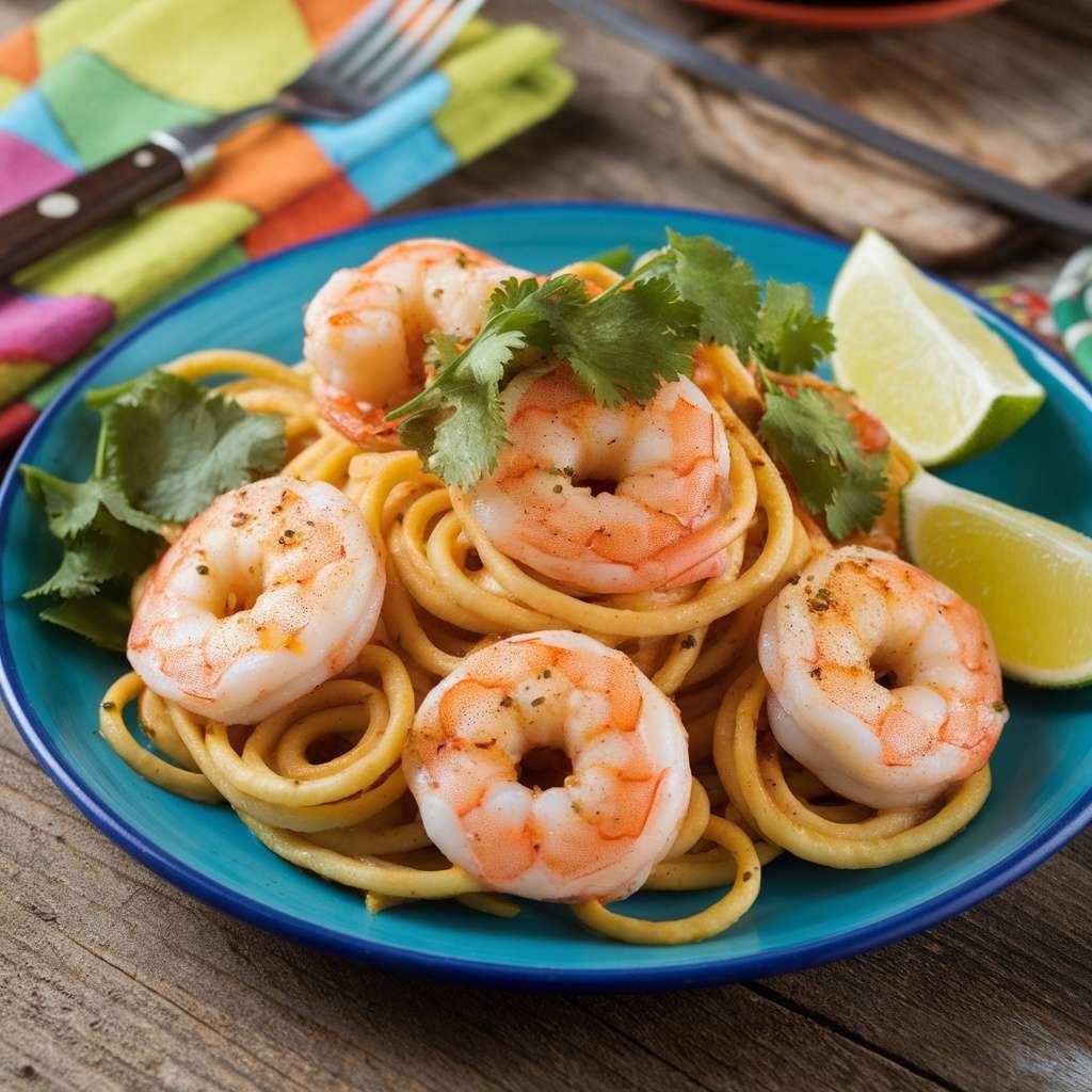 A vibrant plate of tequila lime shrimp zoodles topped with fresh cilantro and lime wedges.