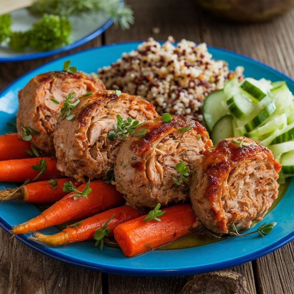 A plate of turkey kefta served with glazed carrots and quinoa.
