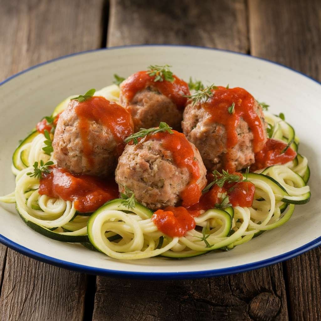 A plate of turkey meatballs served on zucchini noodles with marinara sauce.