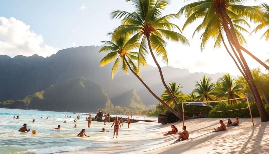 A beautiful Hawaiian beach with lush palm trees swaying in the gentle breeze, against a backdrop of majestic mountains. In the foreground, a group of people enjoying various free activities - swimming in the crystal-clear turquoise waters, playing beach volleyball, and relaxing on the soft, golden sand. The scene is bathed in warm, golden sunlight, creating a serene and idyllic atmosphere. The image conveys the carefree and rejuvenating spirit of Hawaii's natural wonders, perfect for a budgetary travel experience.