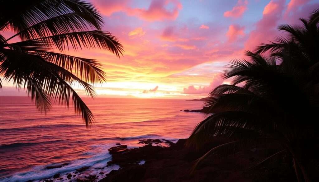 A breathtaking Maui sunset over the Pacific Ocean, captured with a wide-angle lens. In the foreground, palm trees sway gently, their fronds silhouetted against the vibrant orange and pink hues of the sky. The middle ground features a rugged coastline, with crashing waves and rocky outcroppings. In the distance, the horizon is dotted with small islands, their shapes softened by the warm, golden light. The scene is bathed in a magical, ethereal glow, creating an atmosphere of tranquility and awe-inspiring beauty.