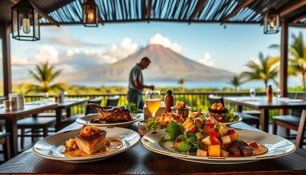 A breathtaking culinary experience unfolds on the serene patio of a Big Island restaurant, overlooking the majestic Kilauea volcano in the distance. In the foreground, a rustic wooden table is adorned with an array of exquisite local dishes - fresh seared ahi tuna with a tangy pineapple salsa, fragrant Kona coffee-rubbed short ribs, and a vibrant island-inspired salad bursting with tropical fruits. Soft lighting from hanging lanterns casts a warm glow, while the gentle trade winds carry the enticing aromas. In the middle ground, servers move gracefully between tables, attending to diners' every need. The background reveals a lush, verdant landscape dotted with swaying palm trees, a serene reminder of the island's natural beauty. This is a dining experience that truly captures the essence of the Big Island, blending local flavors, stunning vistas, and impeccable hospitality.