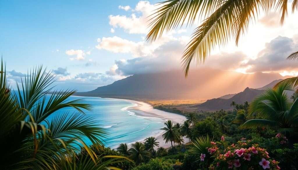 A breathtaking landscape of Hawaii's lush tropical paradise, captured through the lens of a professional photographer. In the foreground, vibrant greens of swaying palm fronds and blooming flowers frame the scene. The middle ground features a tranquil, turquoise ocean lapping against pristine white sand beaches. In the background, majestic volcanic peaks rise up, shrouded in wispy clouds illuminated by warm, golden sunlight filtering through. The composition is balanced, with the camera angled to accentuate the dynamic interplay of land, sea, and sky. The resulting image conveys a sense of serene, natural beauty that encapsulates the essence of Hawaii's stunning natural landscapes. A breathtaking landscape of Hawaii's lush tropical paradise, captured through the lens of a professional photographer. In the foreground, vibrant greens of swaying palm fronds and blooming flowers frame the scene. The middle ground features a tranquil, turquoise ocean lapping against pristine white sand beaches. In the background, majestic volcanic peaks rise up, shrouded in wispy clouds illuminated by warm, golden sunlight filtering through. The composition is balanced, with the camera angled to accentuate the dynamic interplay of land, sea, and sky. The resulting image conveys a sense of serene, natural beauty that encapsulates the essence of Hawaii's stunning natural landscapes.