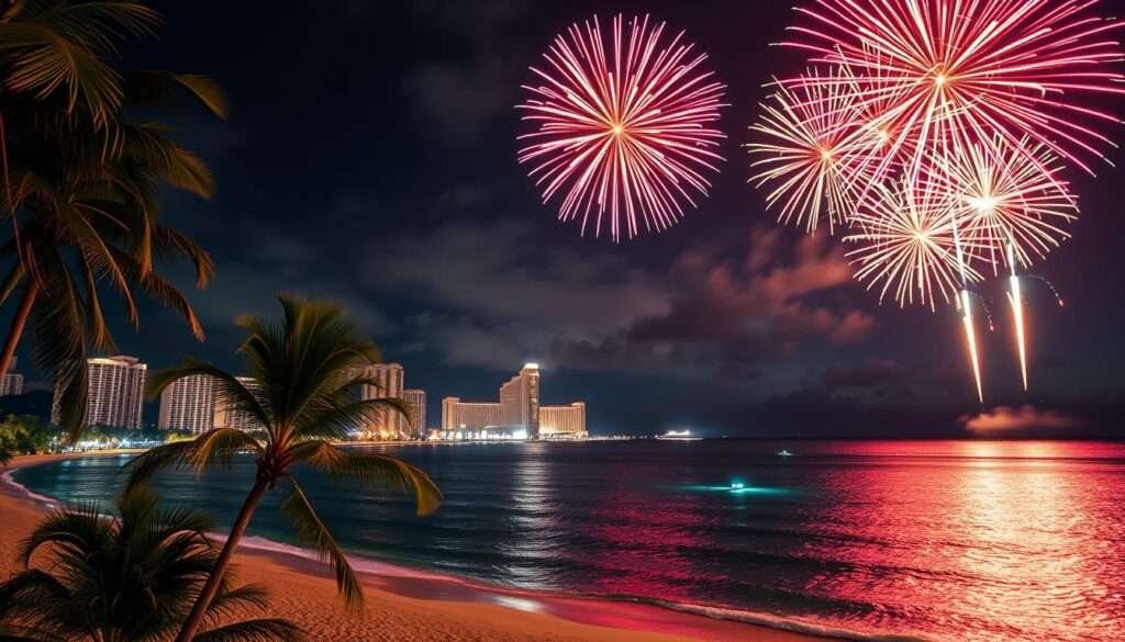 A breathtaking night sky over the iconic Waikiki Beach, illuminated by a dazzling display of fireworks. In the foreground, palm trees sway gently, their fronds casting soft shadows on the pristine white sand. The shimmering waters of the Pacific Ocean reflect the bursts of color above, creating a mesmerizing mirrored effect. In the middle ground, the silhouettes of high-rise hotels and resorts punctuate the skyline, their windows aglow with the energy of the nightlife. The fireworks themselves explode in a symphony of vibrant hues - brilliant reds, dazzling golds, and shimmering blues - painting the sky with a captivating abstract masterpiece. The scene is bathed in a warm, romantic lighting, evoking a sense of wonder and celebration.