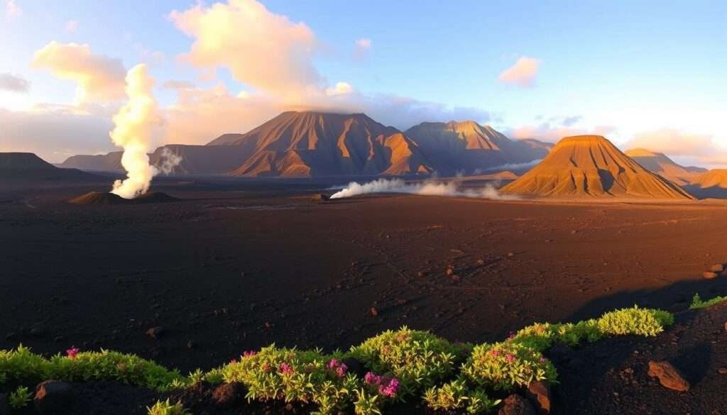 A breathtaking panorama of Hawaii's Volcanoes National Park, showcasing the majestic Kilauea and Mauna Loa volcanoes. In the foreground, a serene lava field stretches out, its ebony black surface contrasting with the vibrant greens of the surrounding tropical foliage. In the middle ground, plumes of steam and smoke rise from the active vents, casting an ethereal glow over the scene. The background is dominated by the towering volcanic peaks, their rugged slopes illuminated by the warm, golden light of the setting sun. The overall atmosphere is one of awe-inspiring natural power and tranquility, capturing the essence of the Big Island's volcanic wonders.