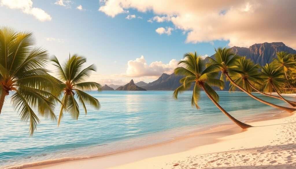 A breathtaking sunrise over the serene, turquoise waters of Lanikai Beach, Oahu. The soft, golden light illuminates the pristine, powdery white sand, creating a tranquil, postcard-worthy scene. In the foreground, lush palm trees sway gently in the cool, island breeze, their fronds casting delicate shadows across the tranquil shoreline. The middle ground features the iconic, jutting Mokulua Islands, their lush, green peaks silhouetted against the vibrant, painted sky. The background showcases the distant, rugged Koolau mountain range, their jagged peaks tinged with a warm, ethereal glow. The overall mood is one of pure, unspoiled paradise, inviting the viewer to step into this serene, tropical oasis.