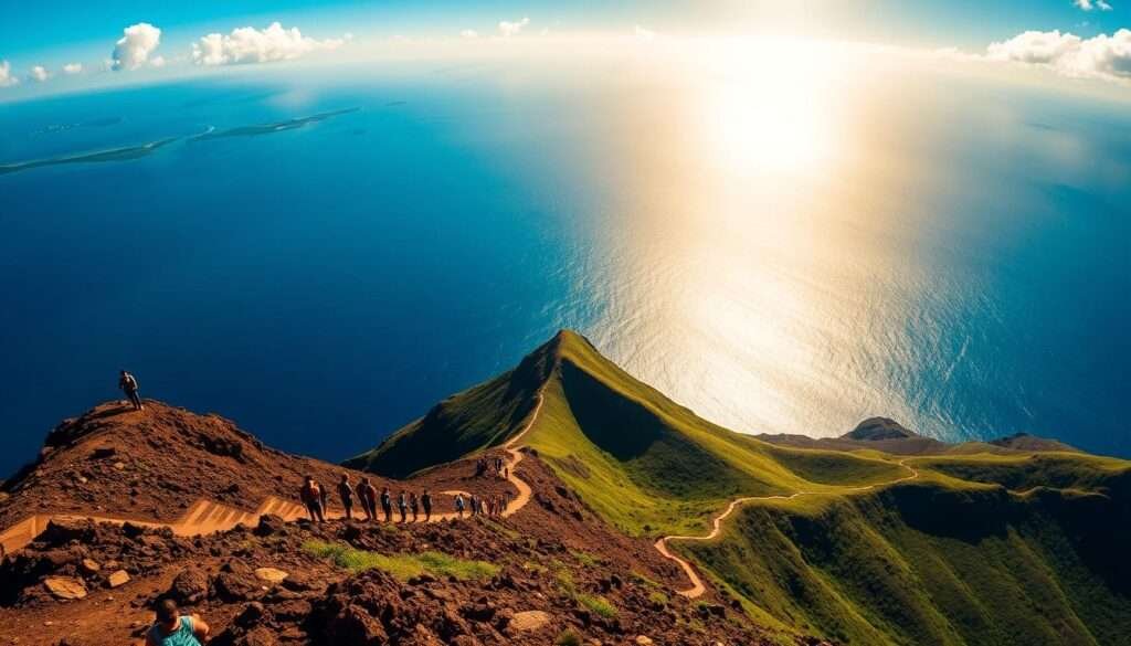 A breathtaking view of the iconic Diamond Head hike in Oahu, Hawaii. The sun's golden rays bathe the volcanic crater's rugged terrain, casting dramatic shadows across the winding trail. In the foreground, hikers navigate the steep steps, their silhouettes framed against the vast Pacific Ocean. The middle ground features the distinctive crater rim, its jagged edges contrasting with the lush, verdant slopes. In the distance, the azure sky meets the sparkling turquoise waters, creating a serene and picturesque landscape. The scene is captured with a wide-angle lens, showcasing the hike's scale and grandeur. The overall mood is one of adventure, exploration, and the awe-inspiring beauty of Hawaii's natural wonders.
