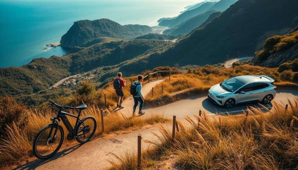 A breathtaking vista of lush, verdant landscapes unfolds, showcasing a variety of eco-friendly transportation options for the discerning traveler. In the foreground, a sleek electric bicycle glides effortlessly along a winding path, its rider taking in the serene surroundings. In the middle ground, a group of hikers traverse a well-marked trail, their backpacks and hiking gear highlighting their commitment to sustainable exploration. In the background, a hybrid electric car effortlessly navigates the coastal roads, its smooth, aerodynamic lines and muted colors blending seamlessly with the natural environment. The scene is bathed in warm, golden sunlight, creating a sense of tranquility and harmony between the traveler and the land. The overall mood is one of adventure, discovery, and a deep respect for the natural world.