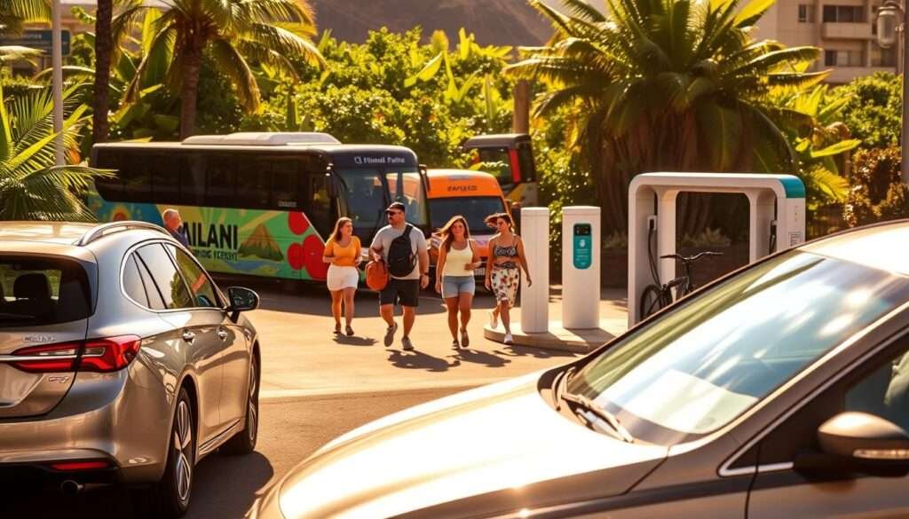 A bustling transportation hub on the Big Island, showcasing the diverse modes of travel that enable visitors to explore its natural wonders. In the foreground, a well-equipped rental car stands ready, its sleek lines and sparkling finish reflecting the warm, tropical sunlight. In the middle ground, a group of travelers stroll towards a shuttle bus, its vibrant, island-inspired livery transporting them to a scenic viewpoint. In the background, a state-of-the-art electric bicycle charging station sits amidst lush, verdant foliage, hinting at the sustainable, eco-friendly options available. The scene is bathed in a warm, golden glow, capturing the excitement and anticipation of discovering the island's marvels.