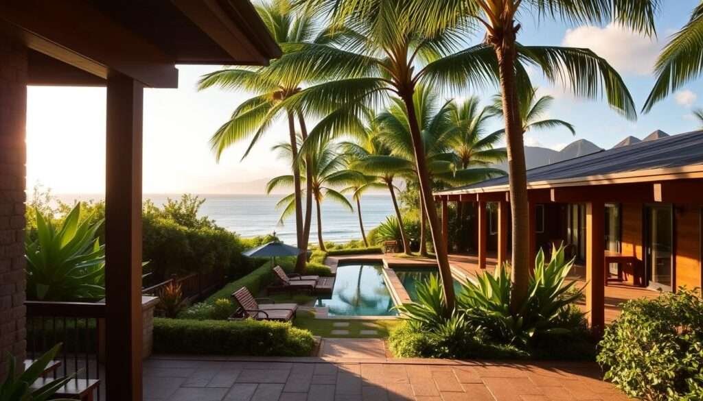 A charming boutique hotel nestled in the lush tropical landscapes of Maui, Hawaii. In the foreground, a welcoming entrance with a modern, minimalist design featuring natural materials like wood and stone. Mid-ground, a serene courtyard surrounded by lush greenery and swaying palm trees, complemented by a tranquil pool reflecting the warm island sun. In the background, glimpses of the stunning ocean and distant mountains, creating a picturesque setting for a truly unique and memorable stay. Soft, diffused lighting casts a warm, inviting glow, while the composition captures the hotel's intimate, bespoke atmosphere perfectly.