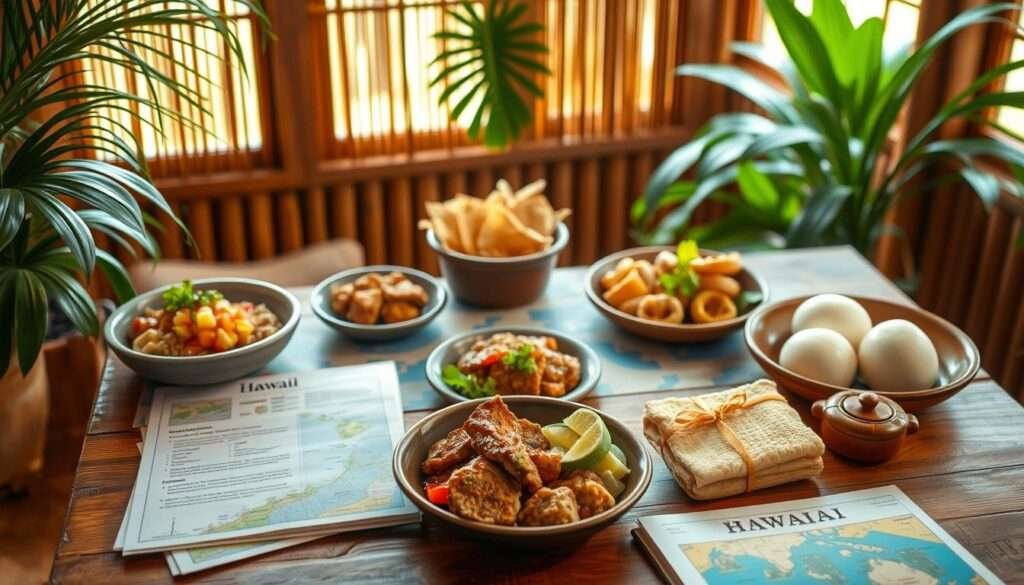 A cozy Hawaiian-themed scene with a wooden table, bamboo accents, and tropical foliage in the background. Warm, natural lighting casts a soft glow, while a colorful display of traditional Hawaiian dishes, such as poke, kalua pork, and haupia, take center stage. Carefully arranged recipe cards, a map of the islands, and a travel guidebook add a sense of planning and exploration. The overall atmosphere evokes the spirit of a local food adventure, inviting the viewer to imagine themselves immersed in the vibrant flavors and cultural experiences of Hawaii.