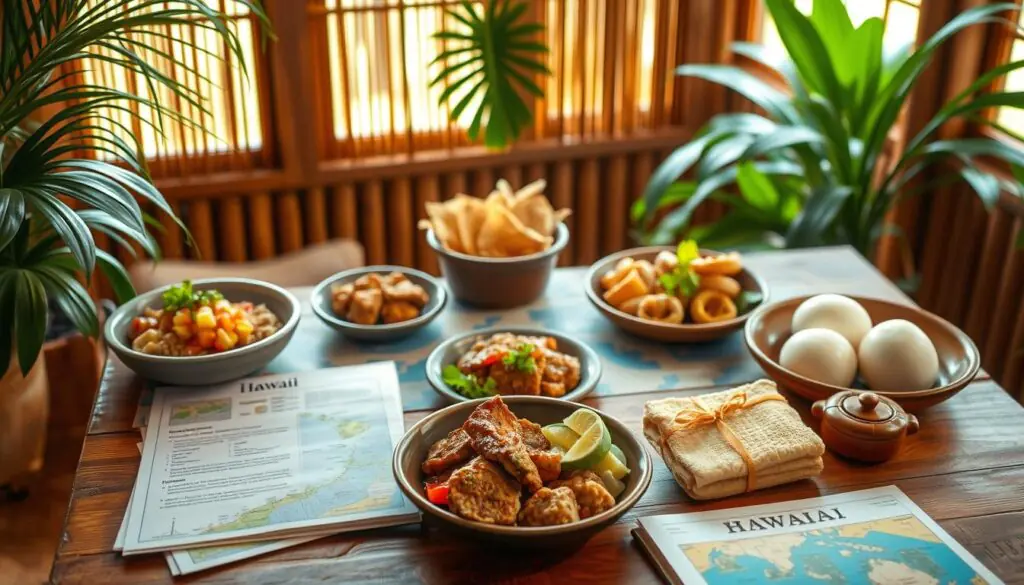 A cozy Hawaiian-themed scene with a wooden table, bamboo accents, and tropical foliage in the background. Warm, natural lighting casts a soft glow, while a colorful display of traditional Hawaiian dishes, such as poke, kalua pork, and haupia, take center stage. Carefully arranged recipe cards, a map of the islands, and a travel guidebook add a sense of planning and exploration. The overall atmosphere evokes the spirit of a local food adventure, inviting the viewer to imagine themselves immersed in the vibrant flavors and cultural experiences of Hawaii.