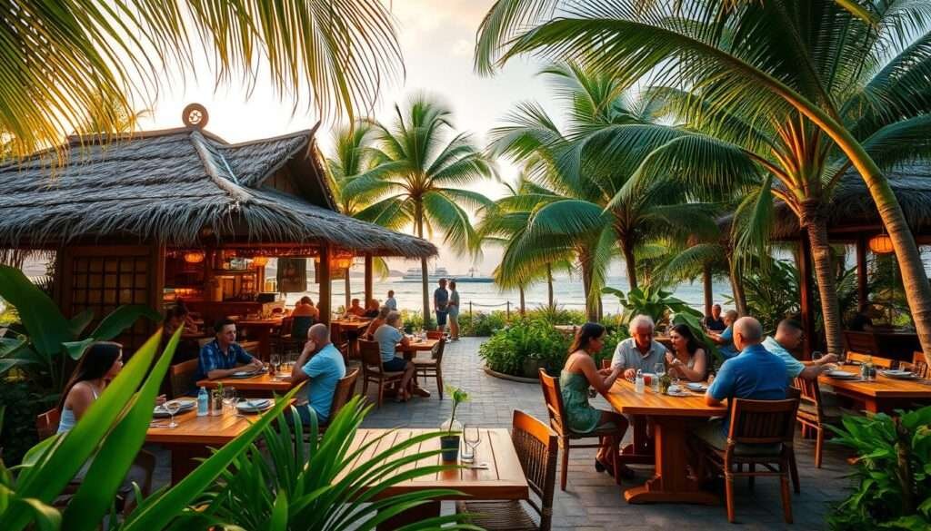 A cozy outdoor dining setting in a lush Hawaiian landscape, with a vibrant open-air restaurant featuring traditional thatched roofing and bamboo accents. Diners enjoy local cuisine at wooden tables surrounded by tropical foliage, swaying palm trees, and a warm golden sunset lighting the scene. The mood is relaxed and inviting, with a hint of island breeze and the sound of gentle waves in the distance. Shot with a wide-angle lens to capture the full atmosphere, the image conveys an affordable yet authentic Hawaiian dining experience.