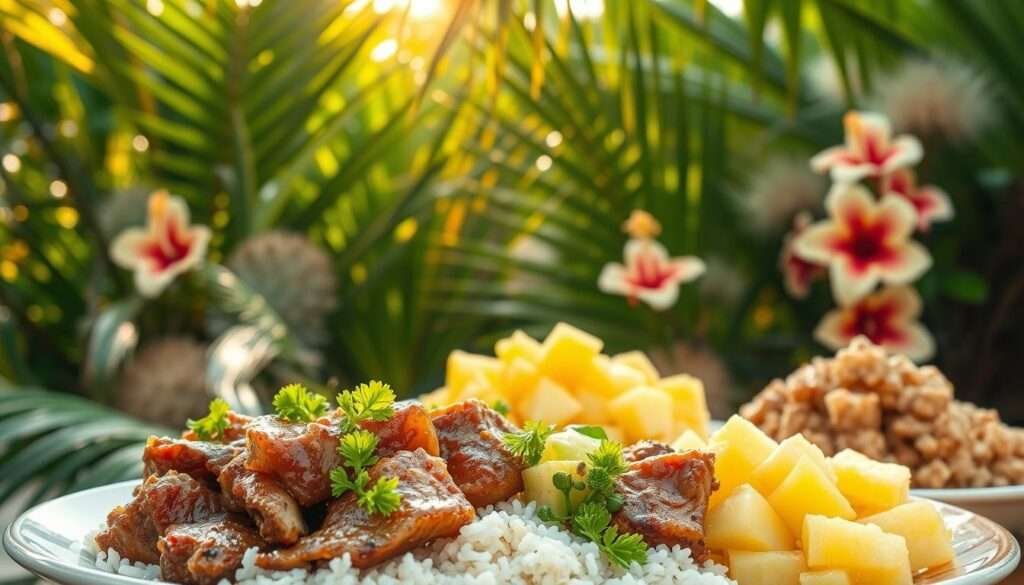 A delectable arrangement of traditional Hawaiian dishes against a backdrop of lush tropical foliage. In the foreground, a steaming plate of succulent kalua pork, accompanied by fragrant white rice and a vibrant green lū'au leaf salad. In the middle ground, a vibrant pile of pineapple chunks, their golden hues contrasting with the deep brown of the poi, a staple taro-based dish. In the background, a cascade of verdant palm fronds and hibiscus blossoms, bathed in warm, golden sunlight filtering through the canopy. The composition evokes the lush, sun-drenched ambiance of the Hawaiian Islands, inviting the viewer to experience the flavors and aromas of this unique and captivating cuisine.