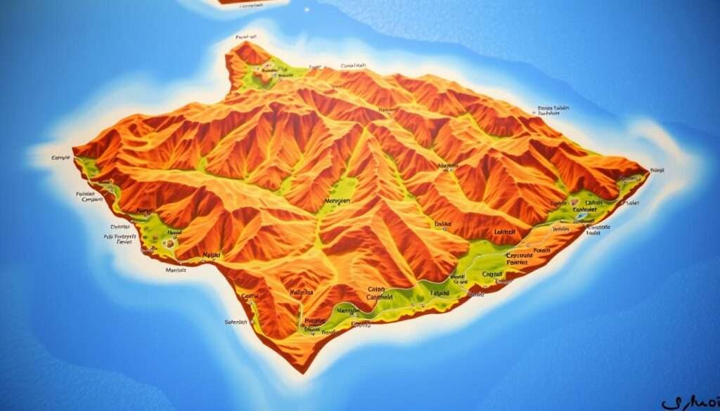 A detailed, high-resolution map of the island of Maui, showcasing its distinct geographical regions. In the foreground, the different coastal towns and resort areas are clearly delineated, with their names and key landmarks visible. The middle ground features the central volcanic mountains and lush, verdant valleys, captured in a rich, vibrant palette. In the background, the surrounding ocean is depicted with shimmering waves and varying shades of blue. The lighting is natural and evenly distributed, creating a sense of depth and dimensionality. The overall composition is balanced and aesthetically pleasing, conveying the diverse beauty and unique character of Maui's different accommodations and travel destinations.